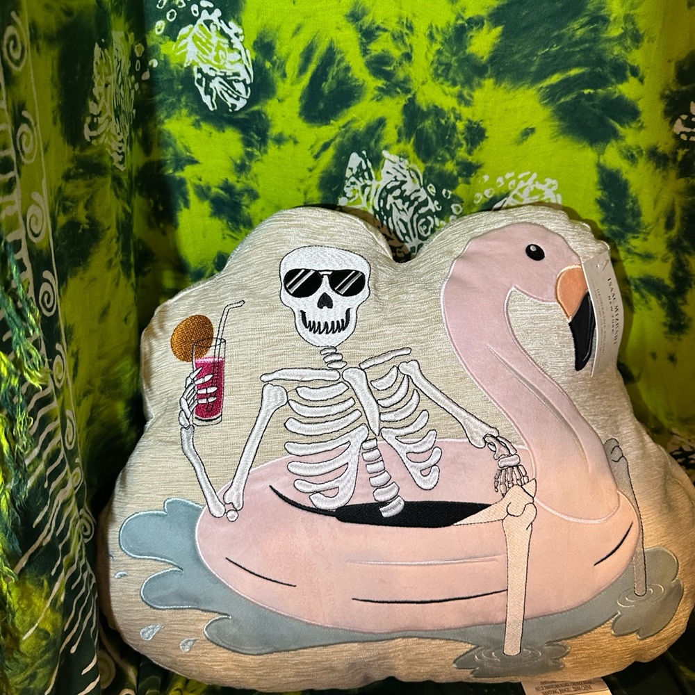 Skeleton and Flamingo Holiday Pillow